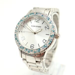 Elgin Studio Silver Tone Ice Blue Gem 38mm Womens Watch Bracelet w New Battery
